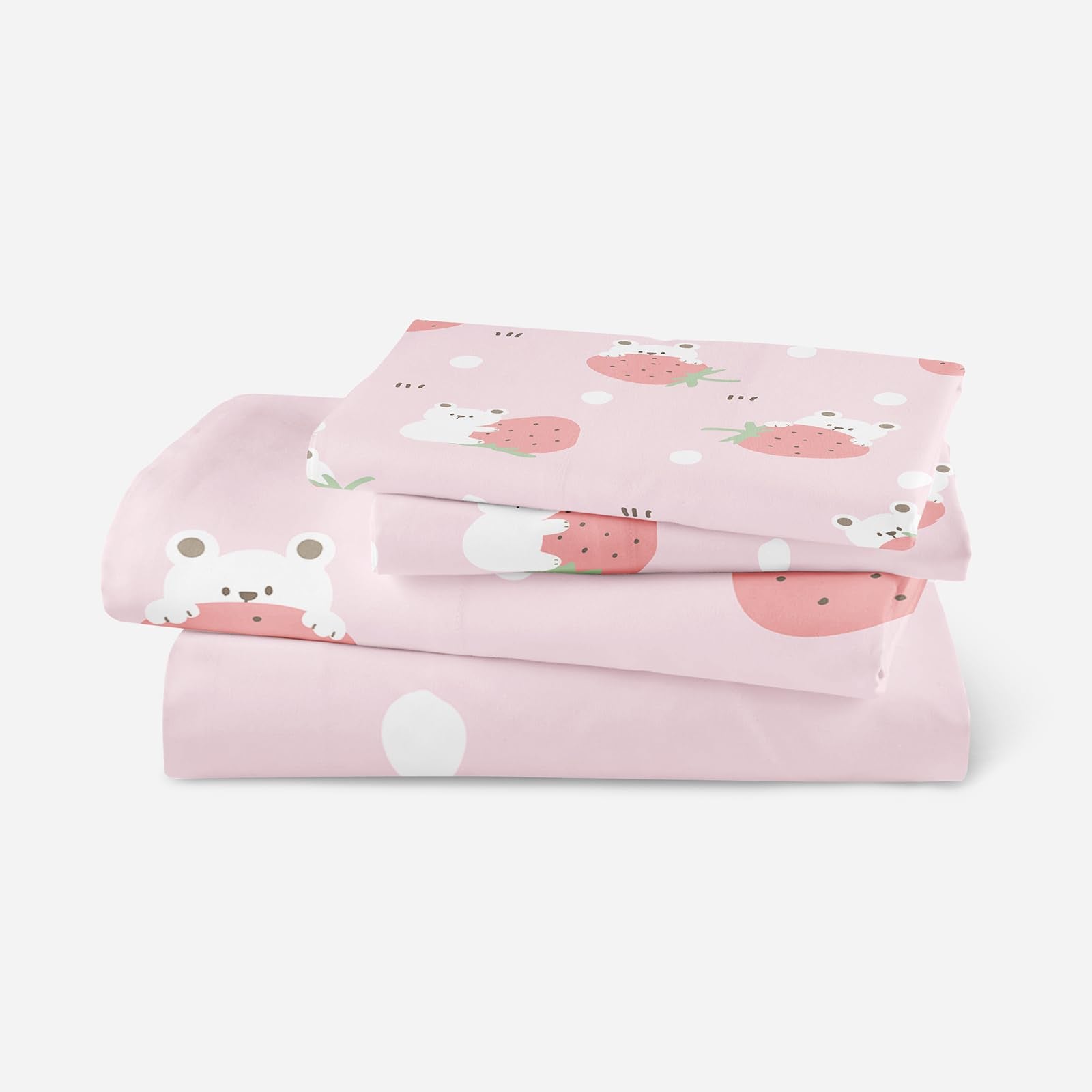 Qoomo Bear Sheet Set,Strawberry Kids Bed Sheets,Pink Bear 16'' Deep Pocket Bed Sheet Set For Boys/Girls/Kids/Teens,4 Piece Sheet
