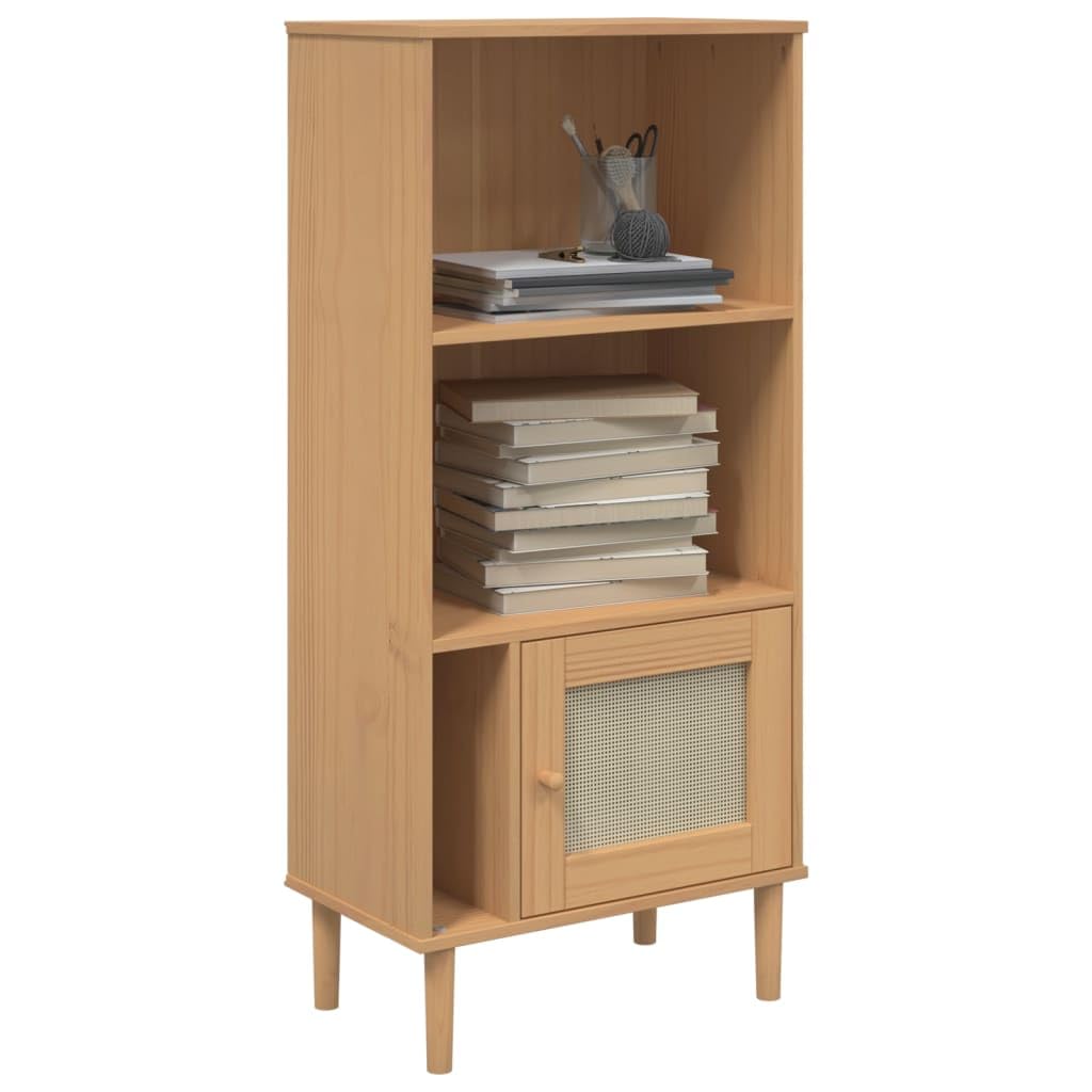 vidaXL SENJA Solid Pine Wood Bookcase with UV Varnish Finish - Ample Storage Space with Rattan Look Surface - Brown