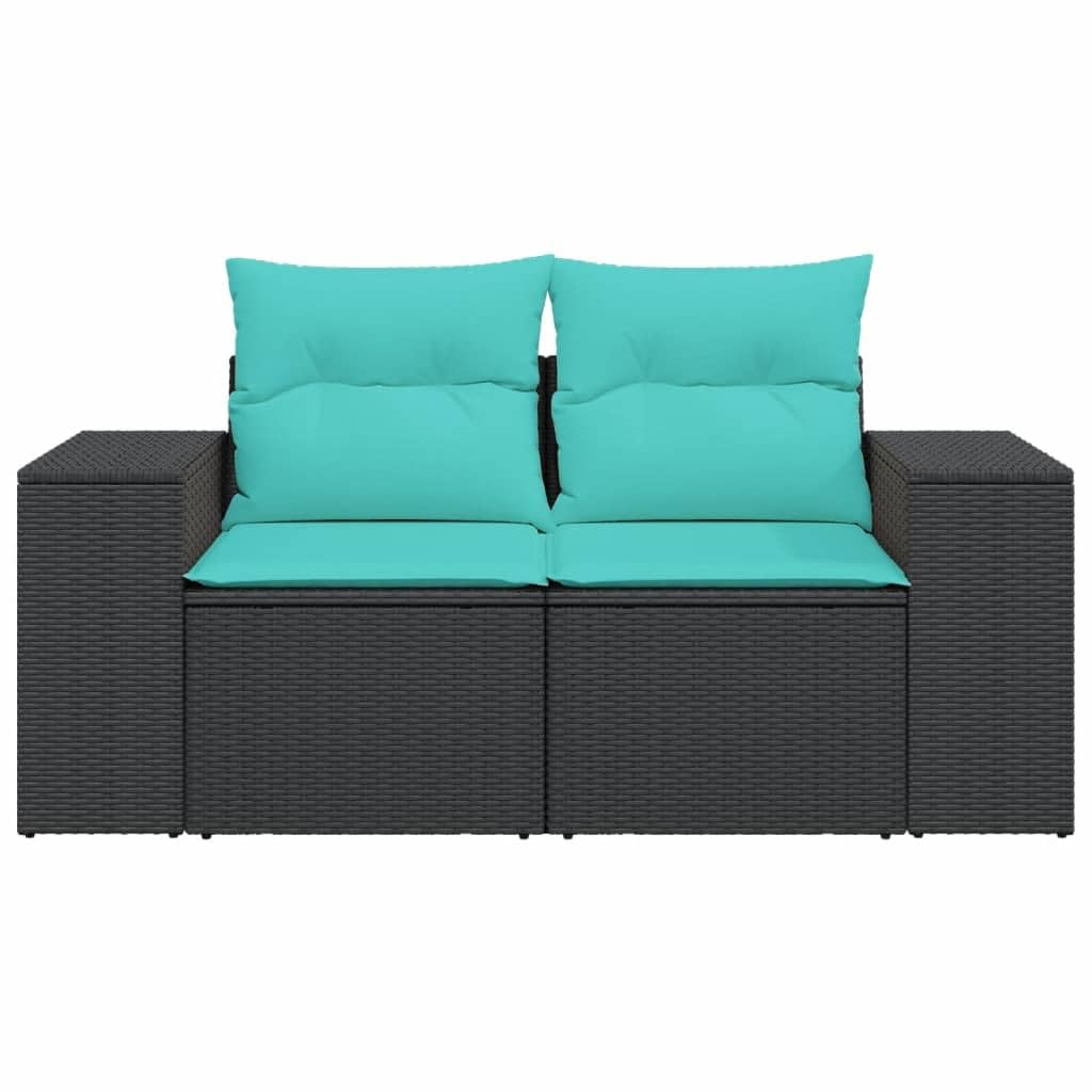 vidaXL Patio Sofa with Cushions - 2-Seater Outdoor Loveseat, Black Poly Rattan, with Storage, Removable Covers, Comfortable Seating for Garden/Deck