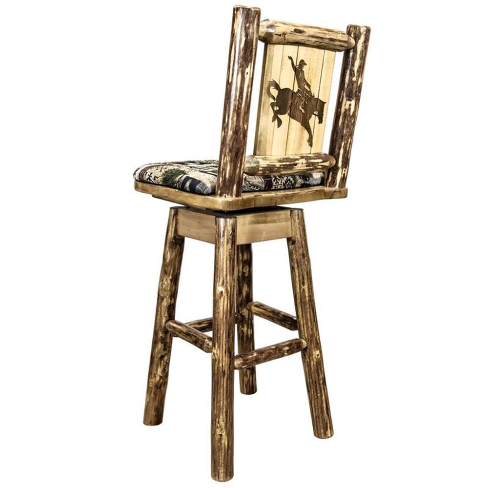 Montana Woodworks Glacier Country Collection Counter Height Barstool with Back & Swivel, Upholstered Seat, Woodland Pattern with Laser Engraved Bronc Design, Stained & Lacquered