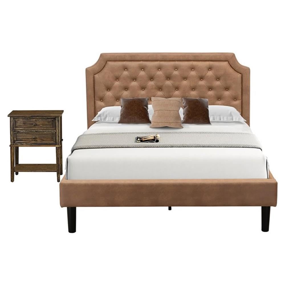 East West Furniture GB28Q-1VL07 2-Piece Platform Bedroom Set with Button Tufted Queen Frame and 1 Distressed Jacobean Night Stands for Bedrooms - Brown Faux Leather with Brown Texture and Black Legs