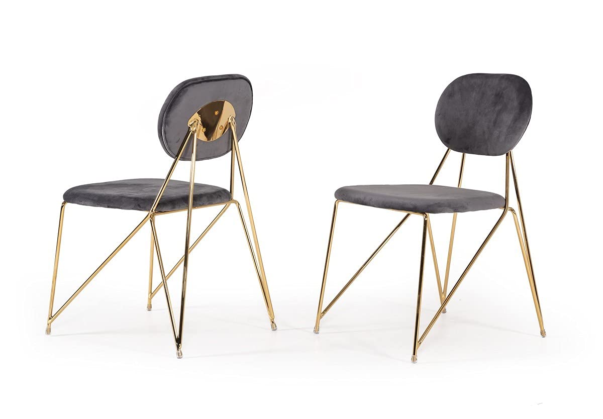 HomeRoots Grey, Gold Fabric, Steel Set of 2 Mid Century Mod Grey Velvet and Gold Dining Chairs