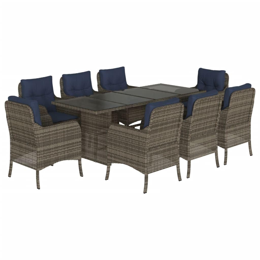 vidaXL 9-Piece Patio Dining Set - Poly Rattan and Tempered Glass Table with Cushions, Gray/Blue, Outdoor/Garden Furniture