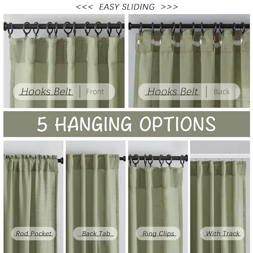 Donren Sage Green Linen Back Tab Curtains 102 Inches Long 2 Panels Set For High Windows - Rustic Hooks Belt Pinch Pleated Look Easy Sliding Curtains Rod Pocket Light Filtering Semi Privacy Drapres