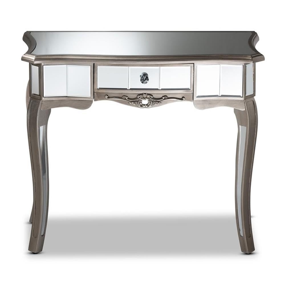 Baxton Studio Elgin ntemporary Glam and Luxe Brushed Silver Finished Wood and Mirrored Glass 1-Drawer nsole Table (11919)