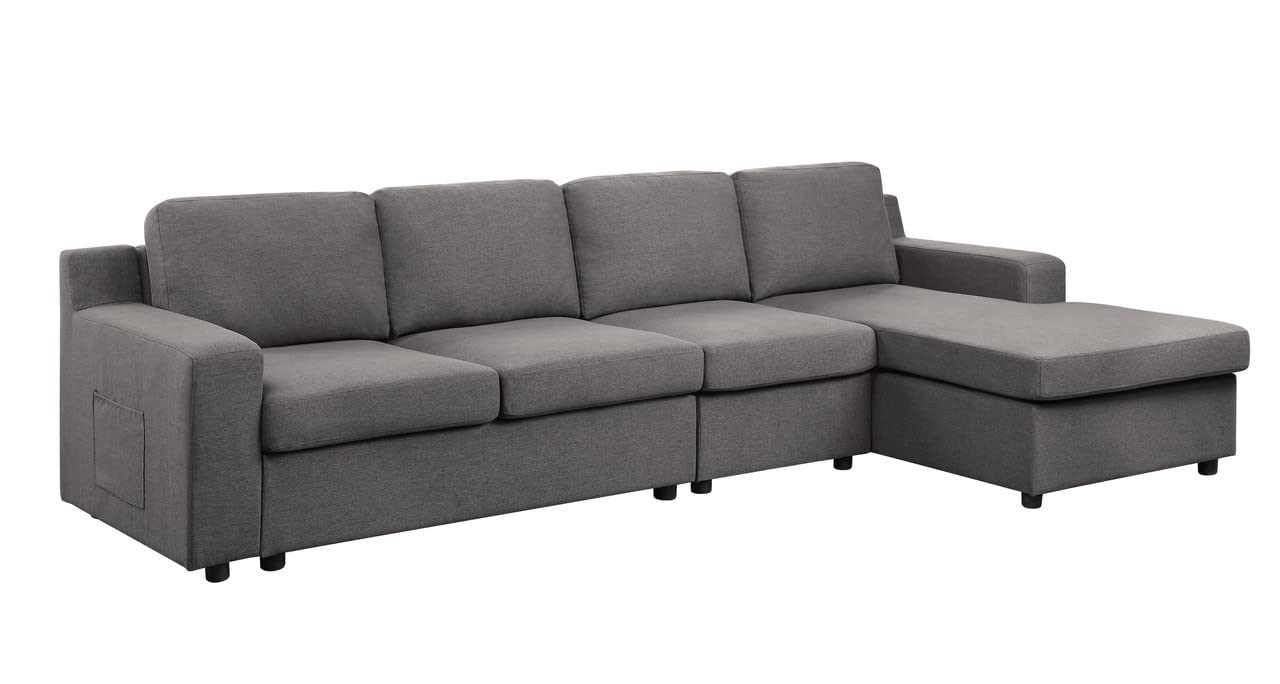 Lilola Home Waylon Gray Linen 4-Seater Sectional Sofa Chaise with Pocket
