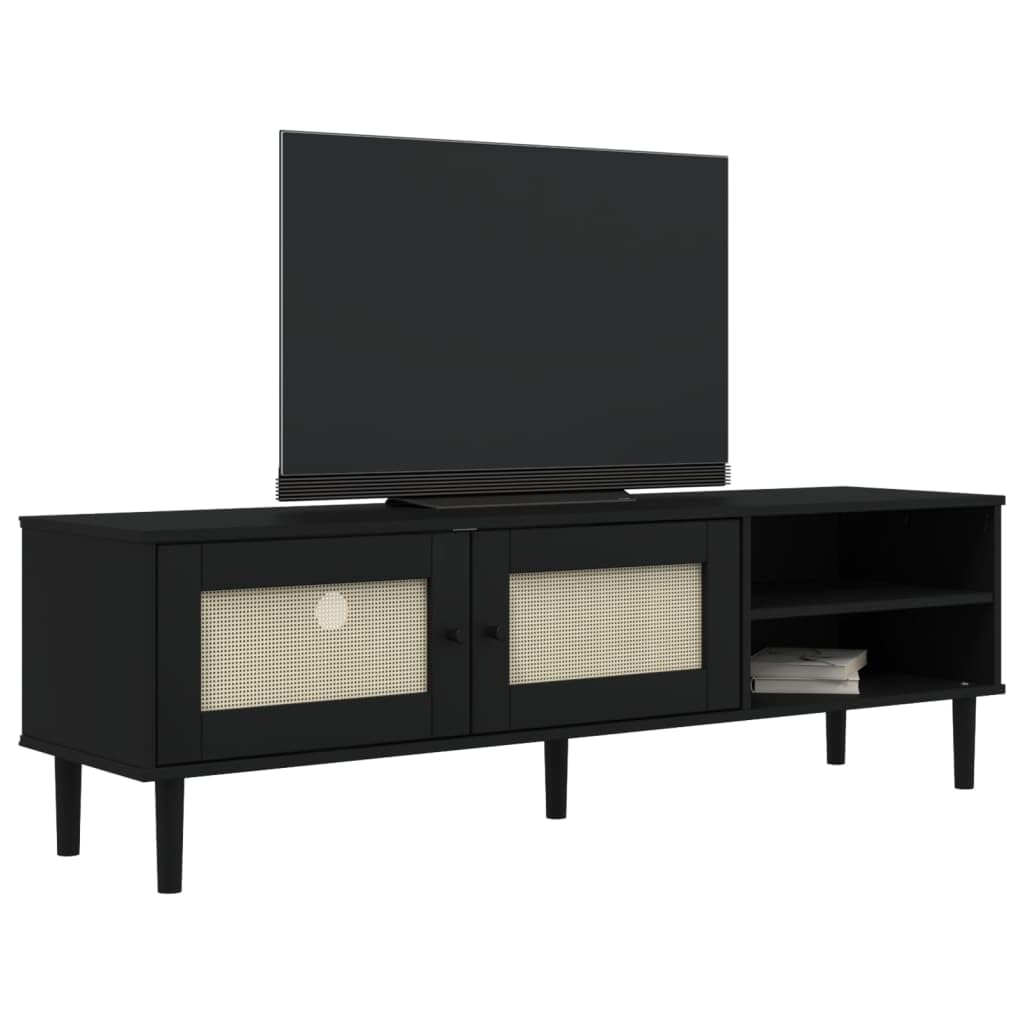 vidaXL SENJA Black Solid Pine TV Cabinet with Rattan Finish