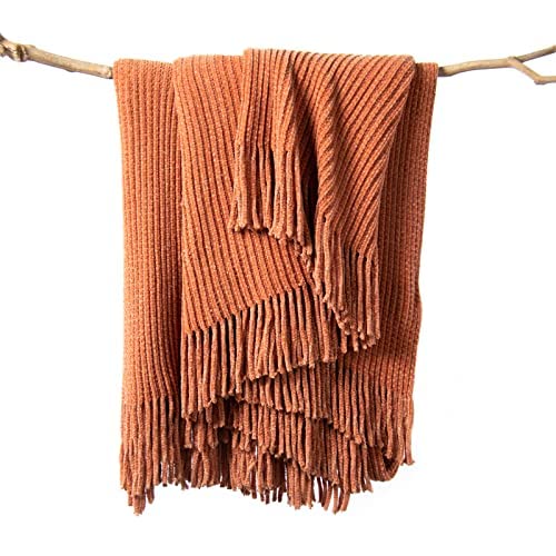 Lifein Fall Throw Blanket For Couch-Soft Boho Bed Throw Blankets,Cozy Burnt Orange Chenille Knitted Throw,Small Farmhouse Lightw
