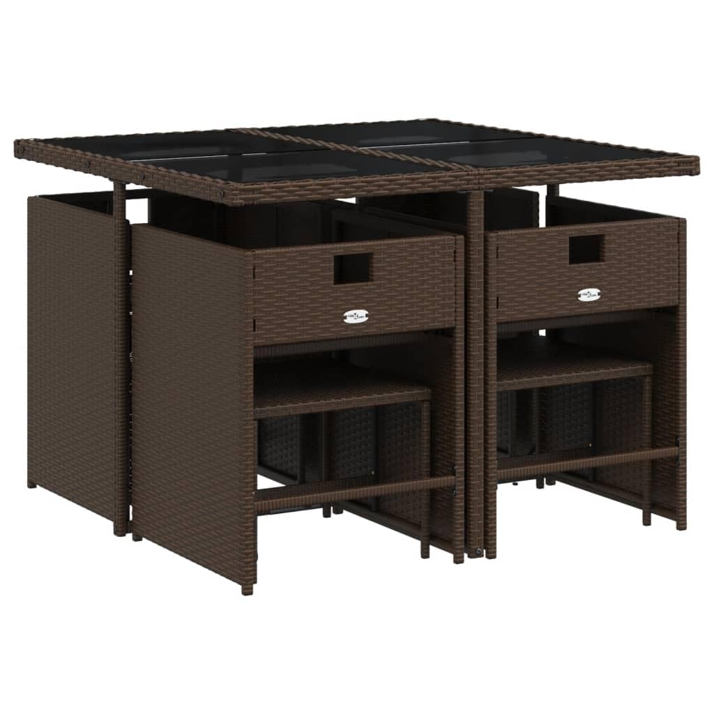 vidaXL - Patio Dining Set with Cushions - 9 Piece Outdoor Furniture - Brown PE Rattan and Tempered Glass Table - Garden/Backyard/Patio Chairs and Stools