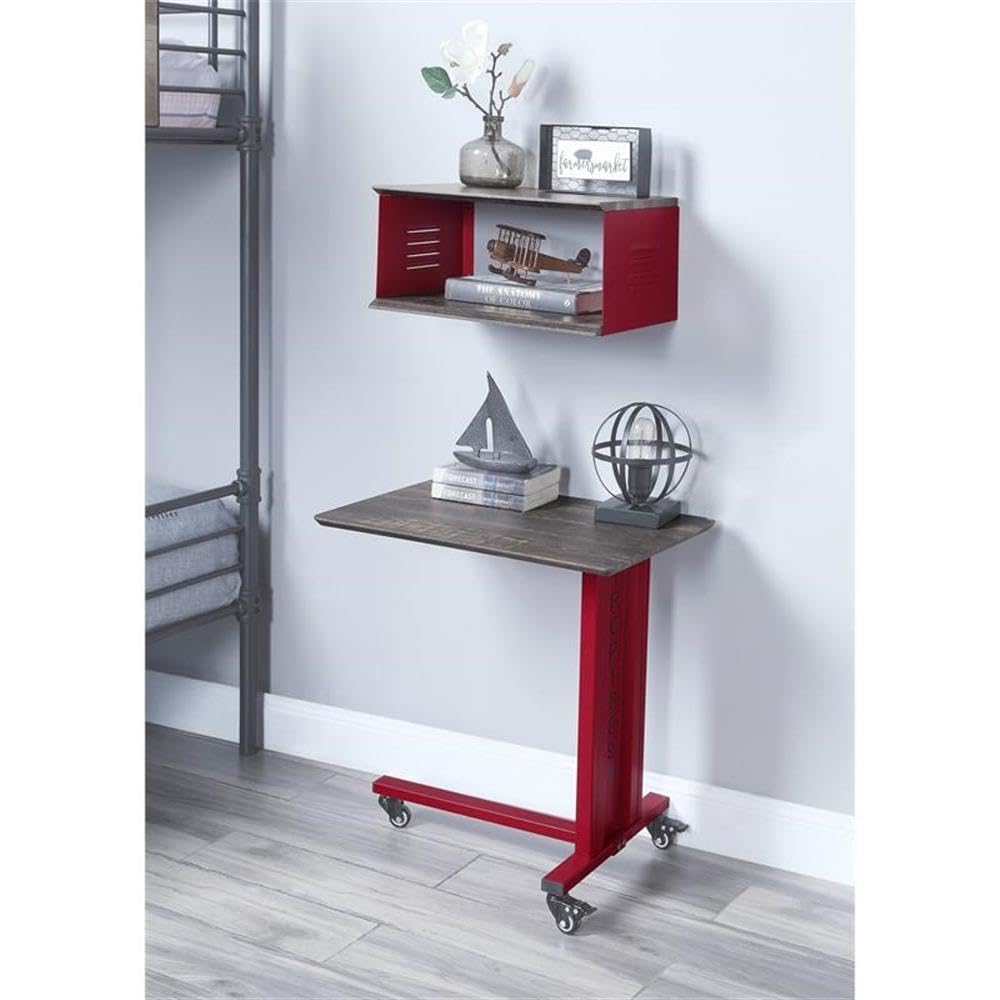 Acme Cargo Metal Base Accent Table with Wall Shelf and Caster Wheels in Red