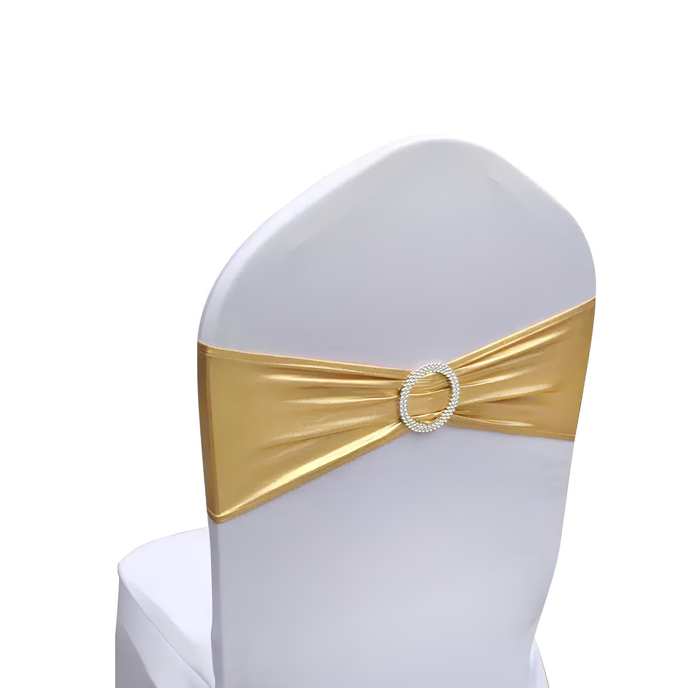 Sinssowl 100Pcs Stretch Wedding Gold Chair Sashes Bands With Buckle Slider Sashes Bow Decorations 25 Colors (Bronzing Gold)