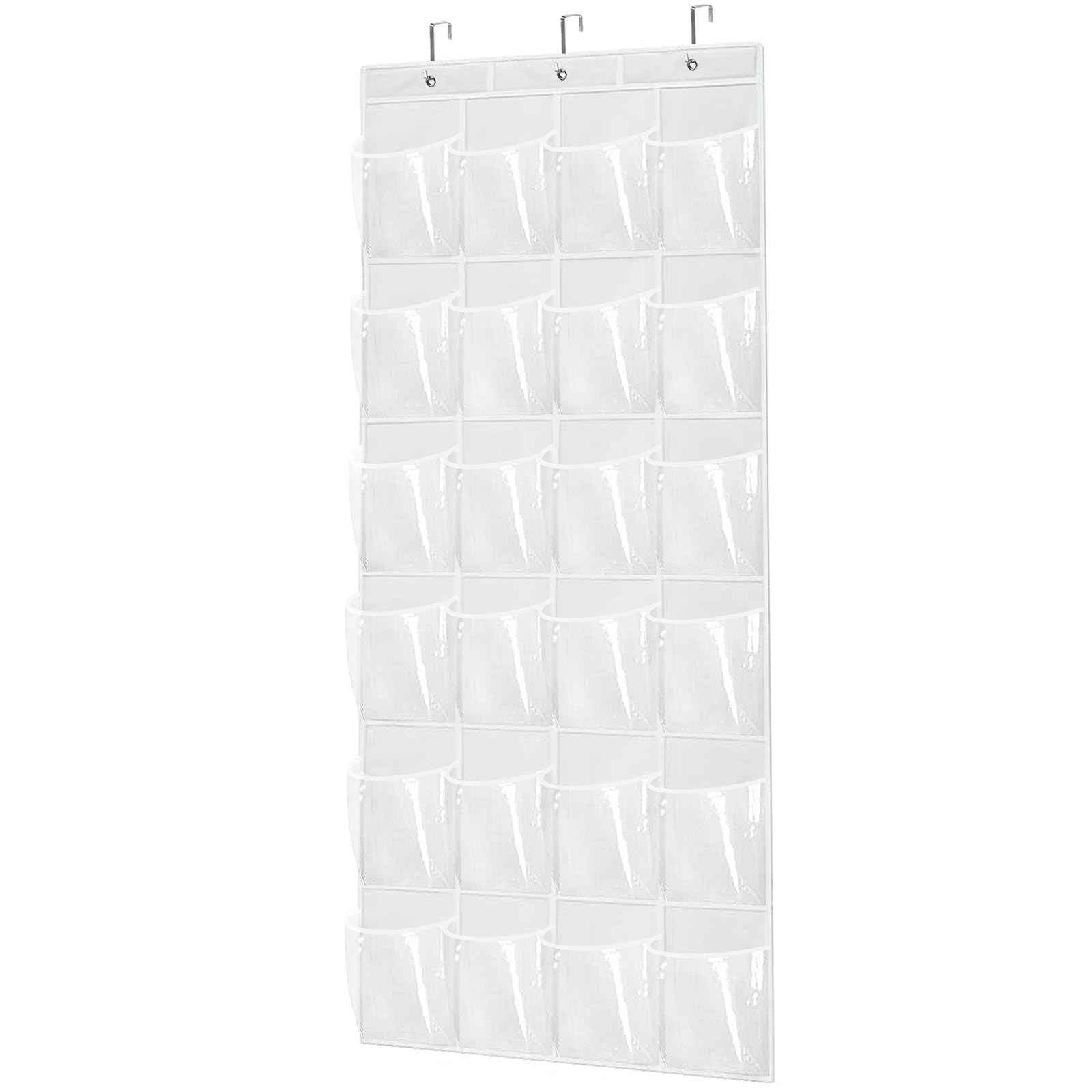 Bofoho Over The Door Shoe Organizer With 24 Crystal Clear Pockets And Hook - Heavy Duty Storage Holder For Shoes, Accessories, Cleaning Supplies - Space Saving Hanging Shoe Organizer (White)