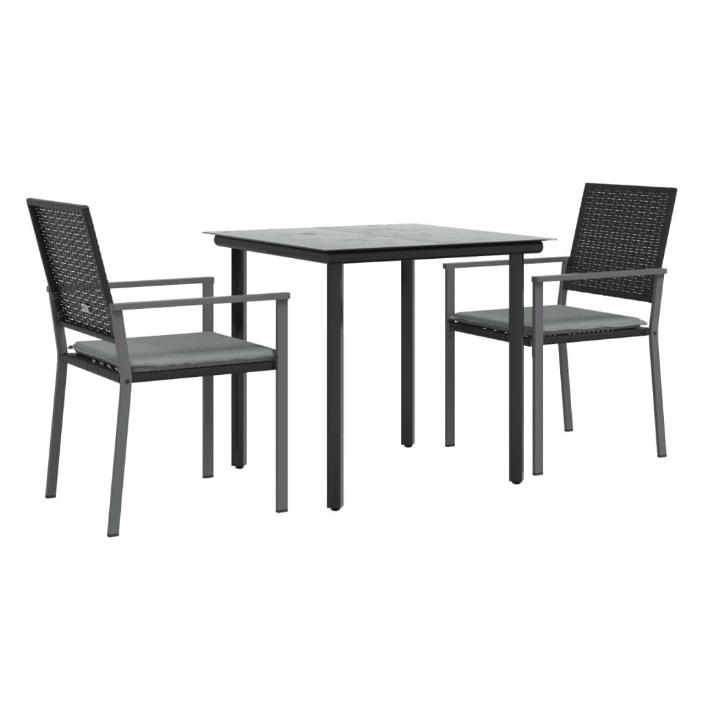 vidaXL 3 Piece Patio Dining Set - Poly Rattan and Steel Frame - Weather Resistant, Black Rattan Chairs and Black Glass Tabletop with Light Gray Cushions