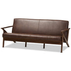 Baxton Studio Bianca Mid-Century Modern Walnut Wood Dark Brown Distressed Faux Leather 3-Seater Sofa/Mid-Century/Dark Brown/Walnut Brown/Faux Leather/Rubber Wood