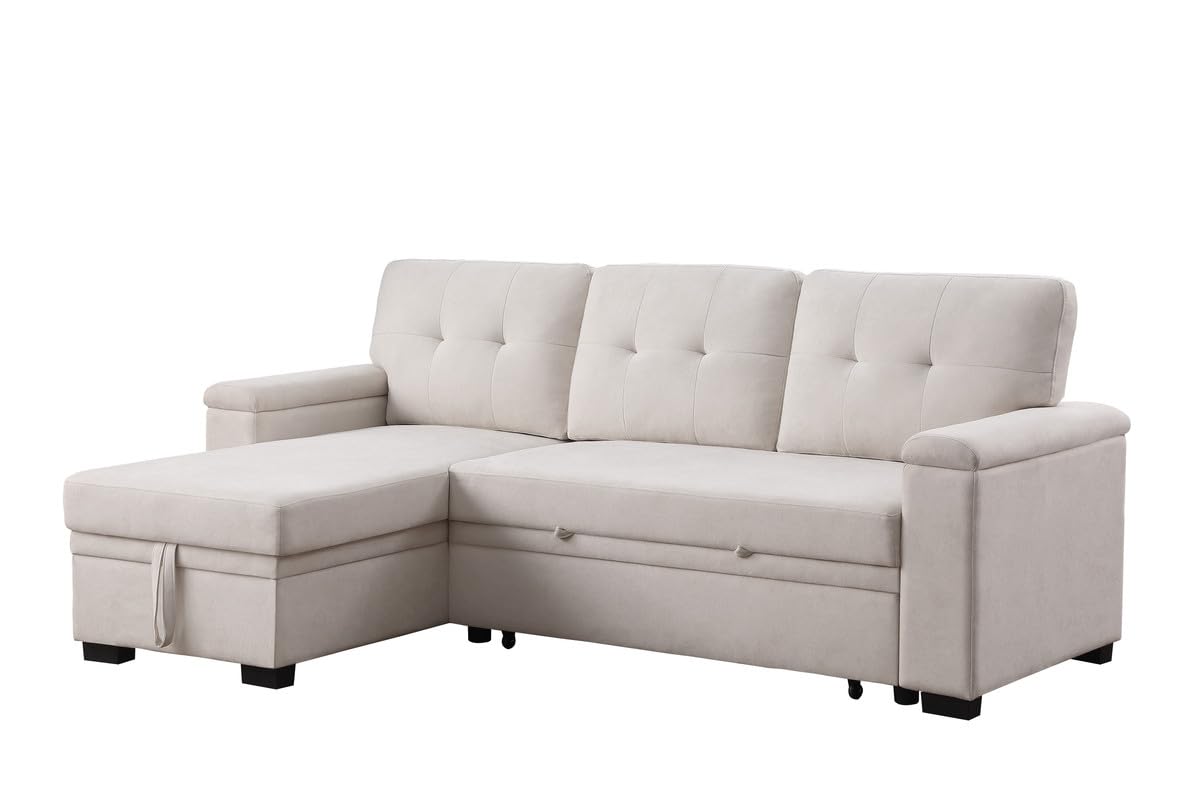 Lilola Home Lucca Ii 84.5&quot; W Beige Woven Fabric Reversible Sleeper Sectional Sofa With Storage Chaise