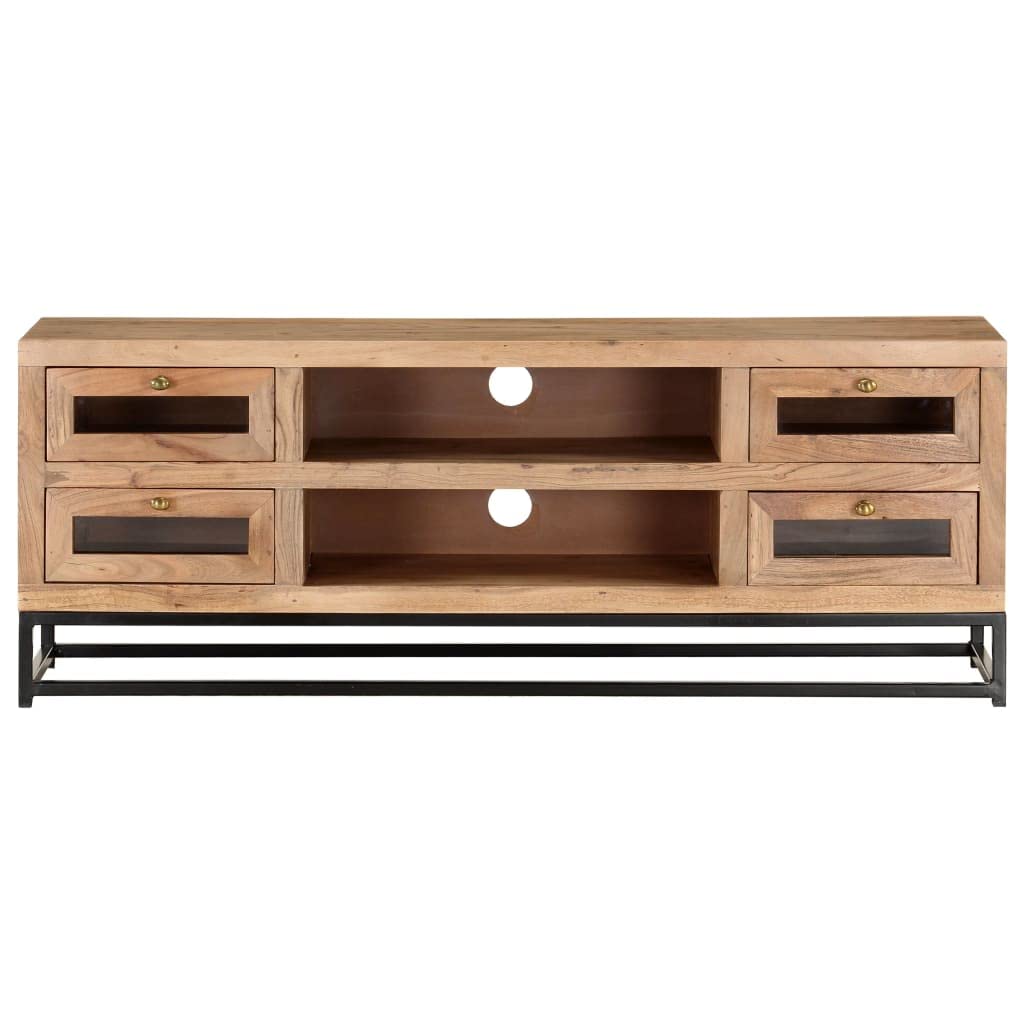 vidaXL TV Stand - Industrial Style TV Cabinet with Drawers, Shelves - Solid Acacia Wood with Steel Base - Natural Finish - Dimensions 43.3&quot;x11.8&quot;x15.7&quot;