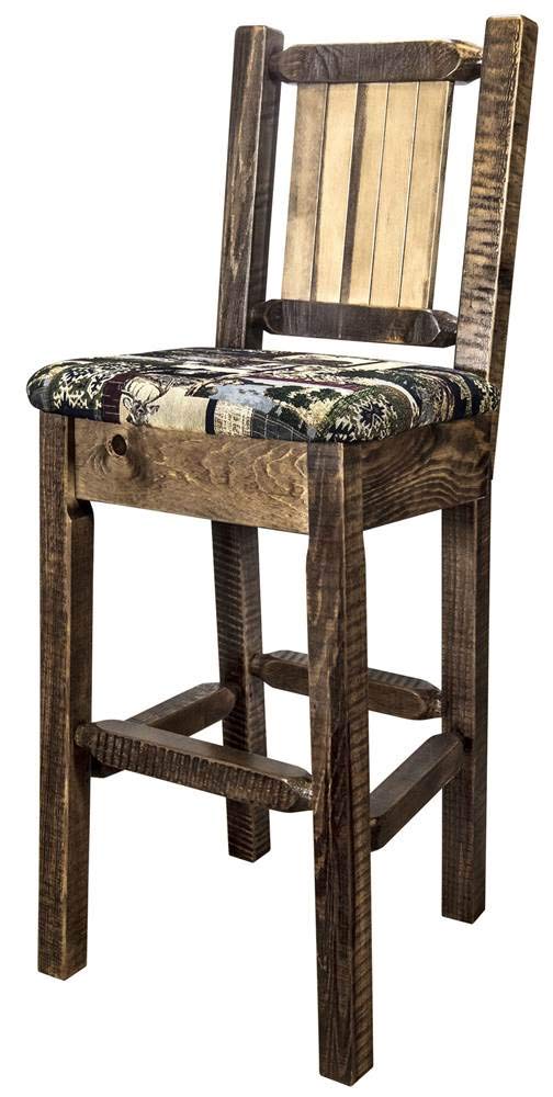 Montana Woodworks Homestead Collection Counter Height Barstool with Upholstered Seat, Woodland Pattern, Laser Engraved Elk Design, Stained & Lacquered