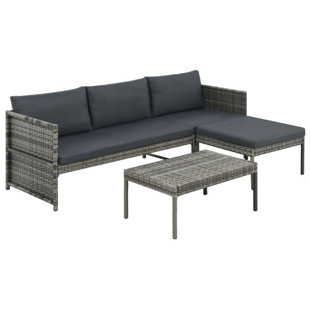 vidaXL 3-Piece Poly Rattan Patio Lounge Set with Cushions - Gray - Weather-Resistant Outdoor Furniture Set for Gardens, Patios, and Terraces - Comfortable Seating and Durable Construction