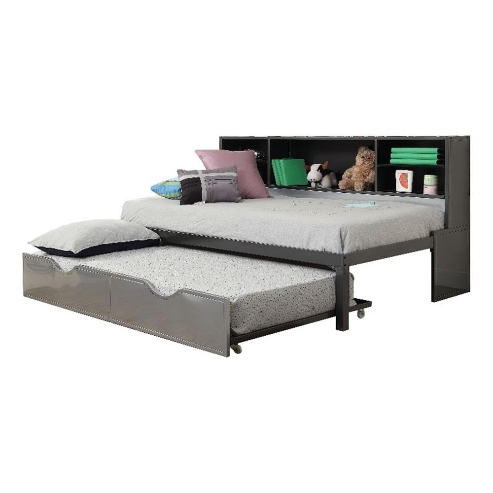 Acme Renell Metal Twin Bookcase Bed With Trundle In Black And Silver