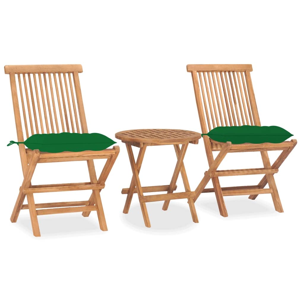 vidaXL 3 Piece Folding Patio Dining Set – Solid Teak Wood with Green Cushions – Round Table and Two Chairs for Outdoor, Garden, Terrace, Patio – No Assembly Required