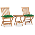 vidaXL 3 Piece Folding Patio Dining Set – Solid Teak Wood with Green Cushions – Round Table and Two Chairs for Outdoor, Garden, Terrace, Patio – No Assembly Required