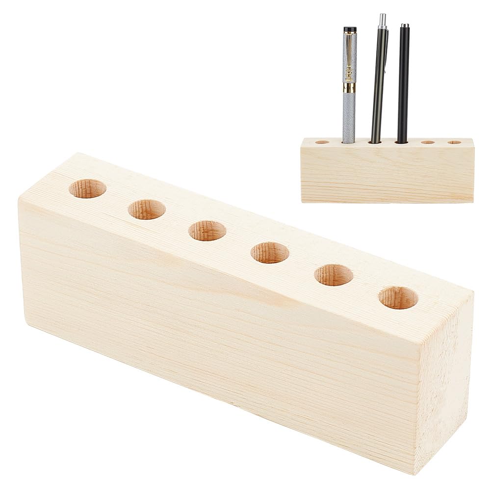 Olycraft 6-Hole Wood Desktop Pen Holder With 12Mm Round Hole Fountain Pen Stand Rustic Wooden Pen Organizer Office Desk Pen Hold