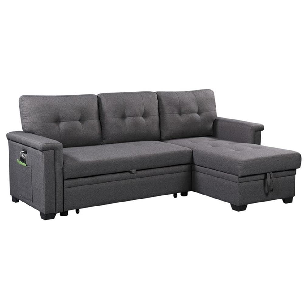 Lilola Home Nathan Dark Gray Reversible Sleeper Sectional Sofa with Storage Chaise, USB Charging Ports and Pocket