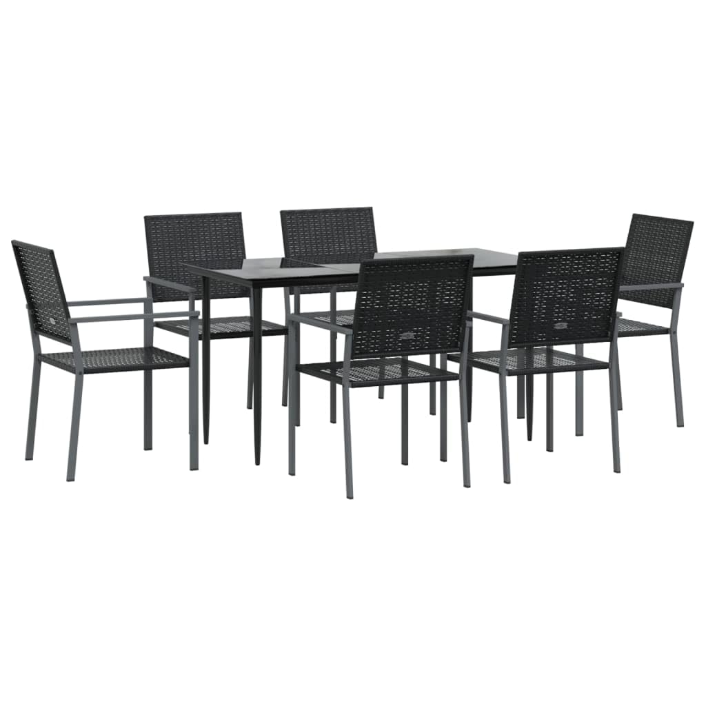 Vidaxl Modern Black Dining Set - 7 Piece Patio Ensemble With Poly Rattan And Steel Frame, Easy-To-Clean Tempered Glass Table, Comfortable Chair With Armrests For Outdoor & Indoor Use