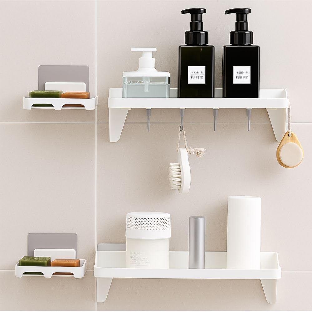 Satpurush Pack Of 2 Bathroom Organisers Without Drill  SelfAdhesive Wall Shelf & Soap Dish Set For Efficient Storage And Space