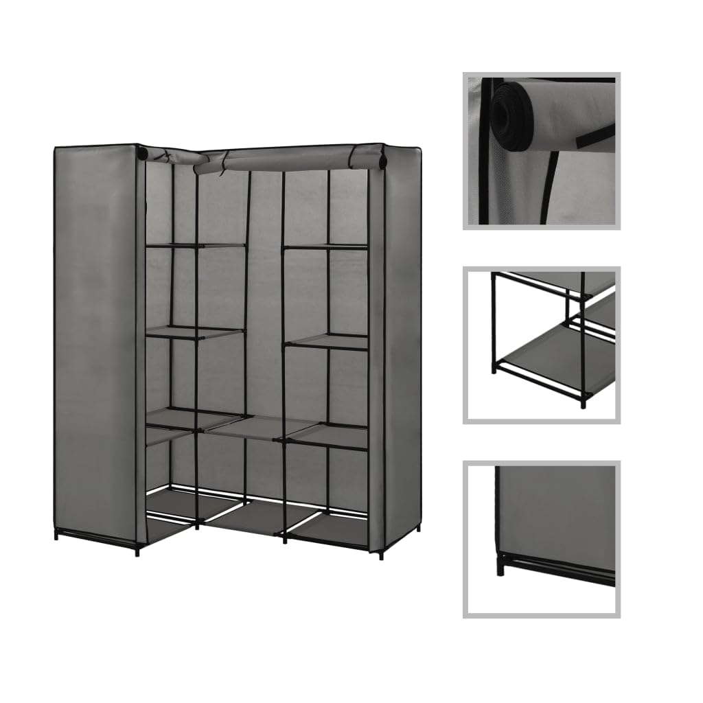 vidaXL Modern Corner Wardrobe - Gray Iron and Polyester Fabric Clothes Rack with Storage Space - 51.2&quot;x34.3&quot;x66.5&quot;