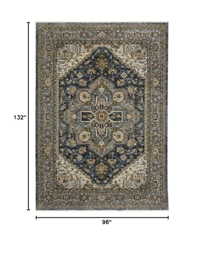 HomeRoots 508064 8 x 11 ft. Blue Taupe Gray Green Rust Tan Beige & Gold Oriental Power Loom Stain Resistant Rectangle Area Rug with Fringe