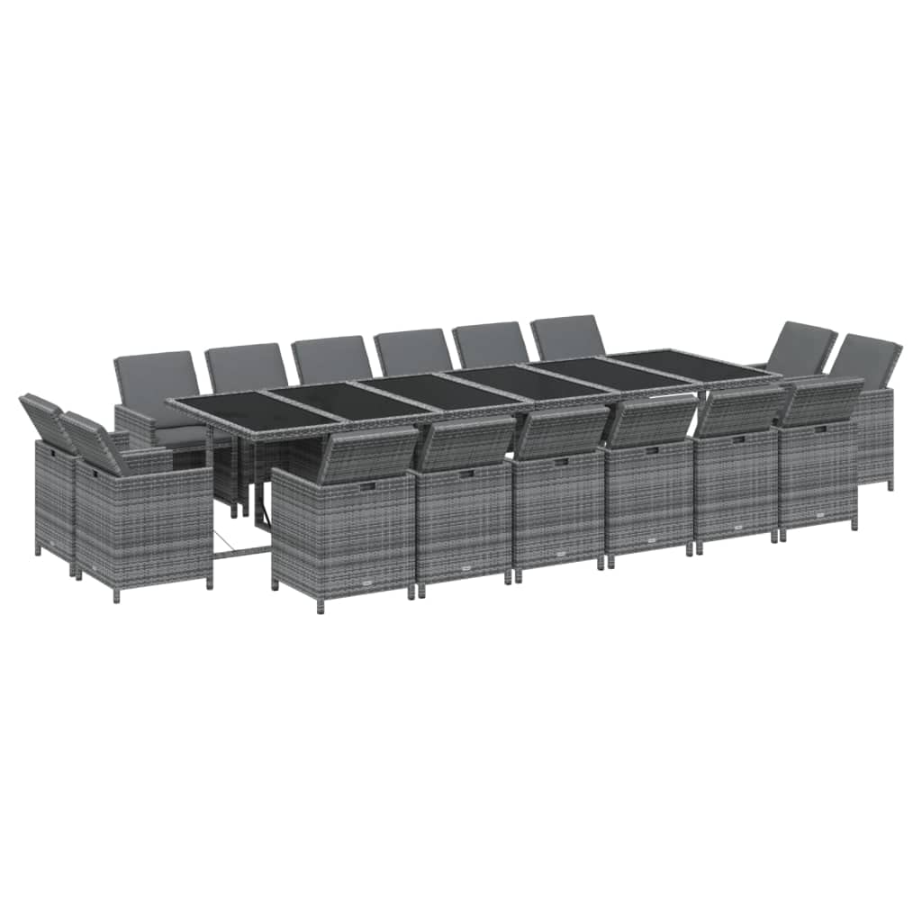 vidaXL Patio Dining Set 17 Piece with Cushions Garden Outdoor Terrace Balcony Dining Dinner Dinette Table and Chair Furniture Poly Rattan Gray