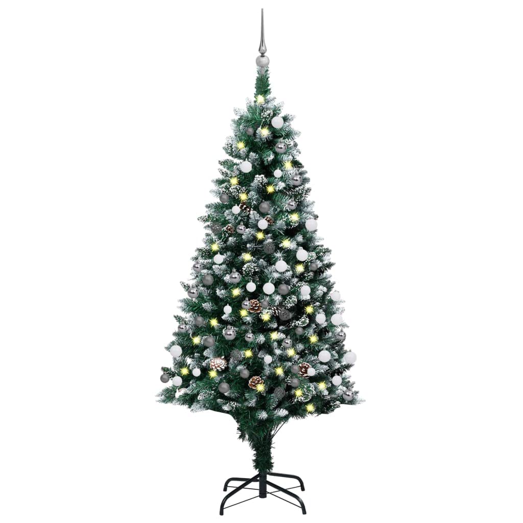 vidaXL Artificial Christmas Tree with LED Lights, Decorative Balls and Pine Cones, Dense Snow-Tipped Branches, 59.1&quot; Height, Economical and Reusable, Beautiful Centerpiece for Christmas Decor