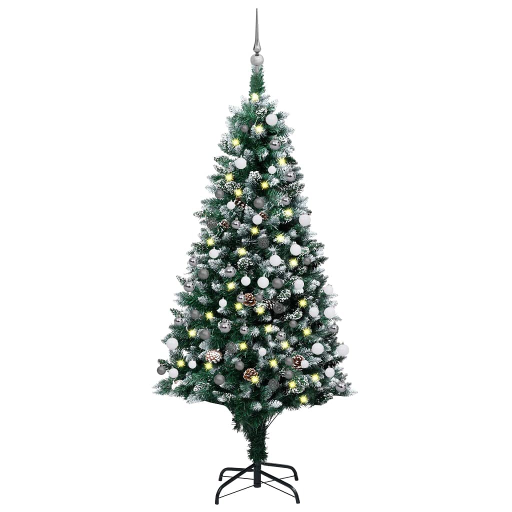 Vidaxl Artificial Christmas Tree, 70.9&quot; H, Green/White With Leds, Ball Set & Pine Cones, Lightweight Pvc/Steel, Festive Home Decor, Easy Assembly, Includes Stand