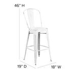Flash Furniture Carly Commercial Grade 30" High White Metal Indoor-Outdoor Bar Height Stool with Back and Gray Polystyrene Seat