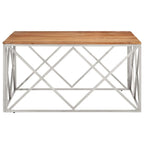 vidaXL Modern Square Coffee Table - Solid Acacia Wood & Silver Stainless Steel, Spacious Top, Stain-Resistant Surface - 39.4"x39.4"x19.7"