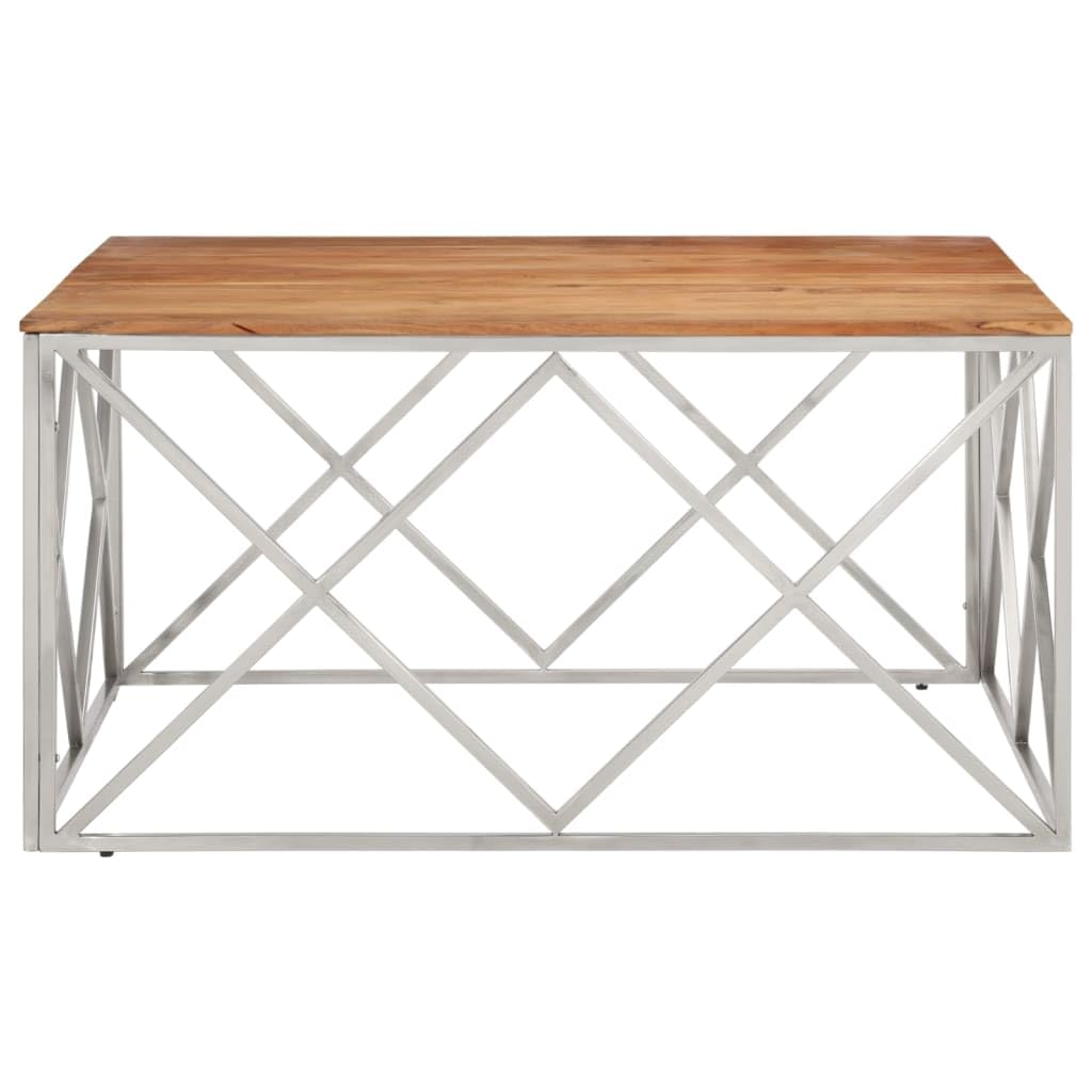 vidaXL Modern Square Coffee Table - Solid Acacia Wood & Silver Stainless Steel, Spacious Top, Stain-Resistant Surface - 39.4"x39.4"x19.7"