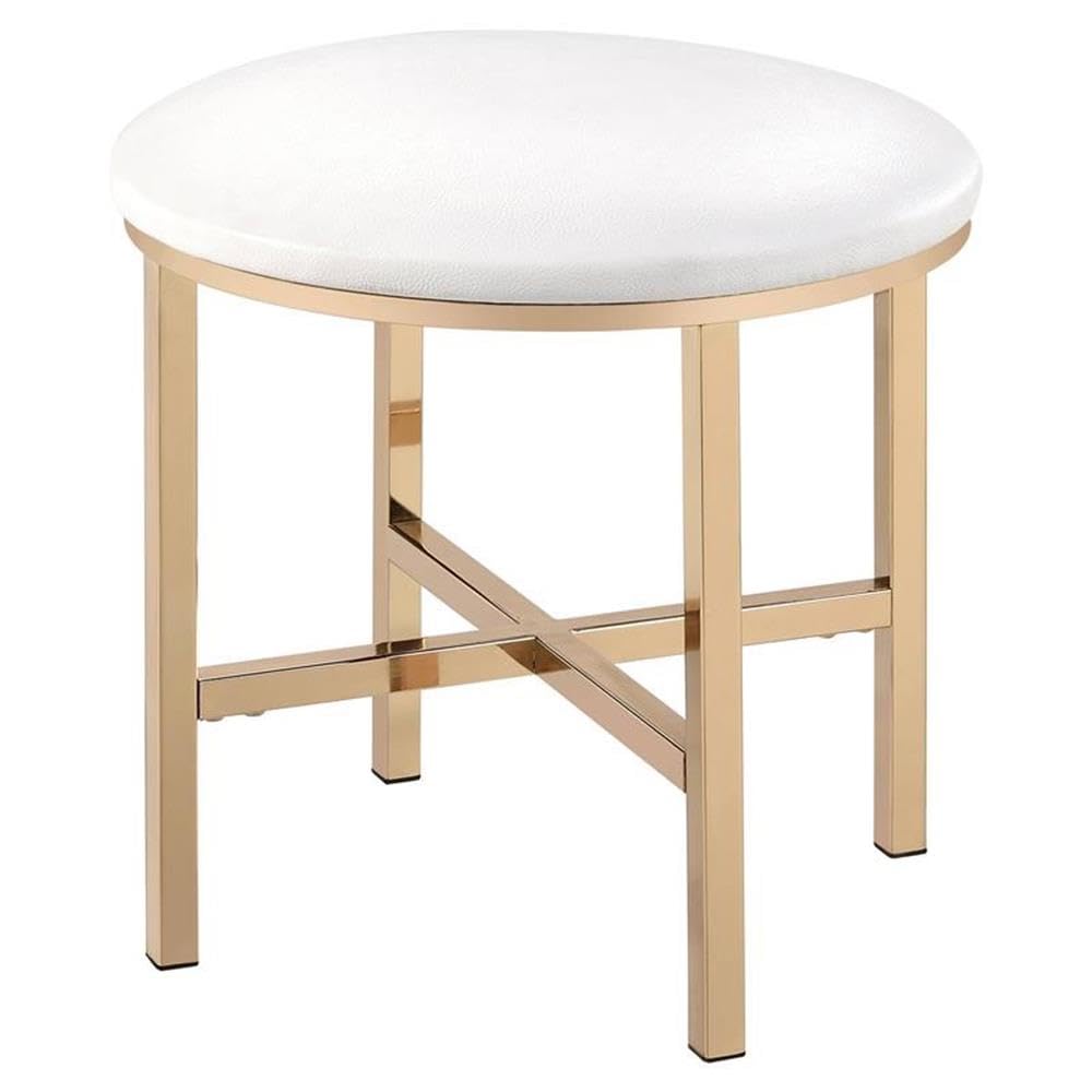 Acme Midriaks Metal Round Mirror and Faux Leather Stool in White and Gold