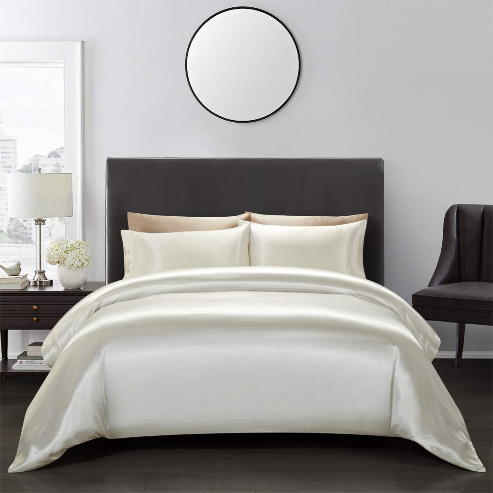 Aimay 3 Piece Satin Duvet Cover Set Bedding Sets Queen Off White 1800 Series Luxury Rich Silk Silky Super Soft Solid Color Rever