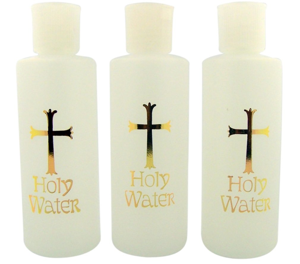 Lot of 3 Gold Cross Design 4 Ounce Holy Water Bottle with Flip Spout Lid, Plastic