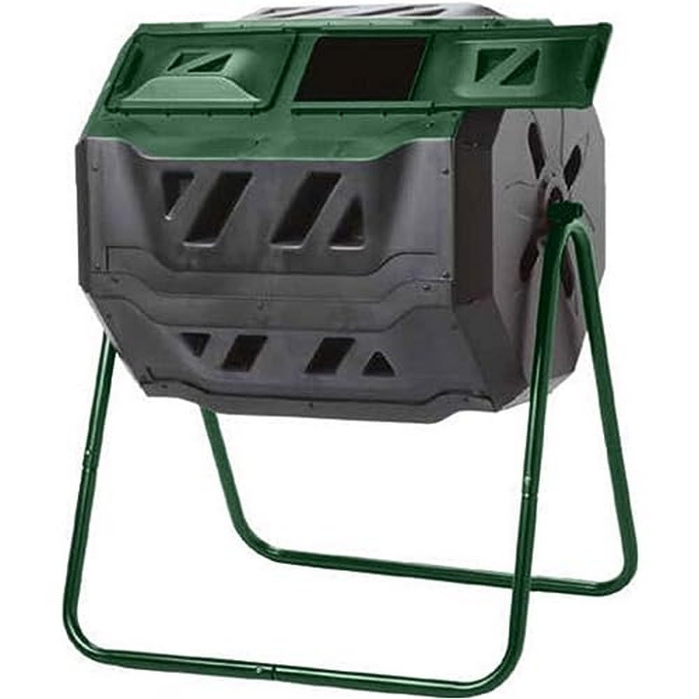 Exaco Trading Company Exaco Mr.Spin Compost Tumbler - 160 Liters / 43 Gallon, Dual Chamber Composter On Two-Leg Stand,Green/Blac