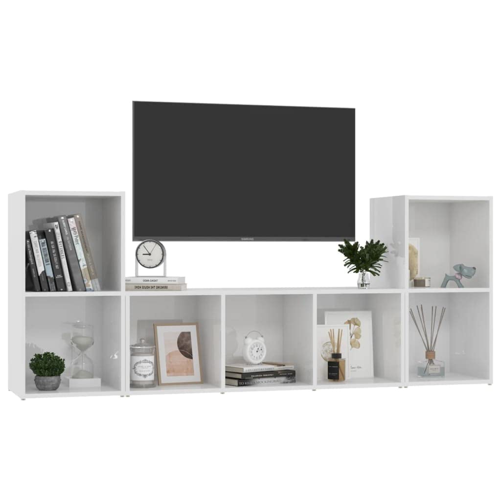 vidaXL TV Stand Set 3 Piece, TV Stand for Living Room, Sideboard with Storage, Media Unit Cupboard, Modern, High Gloss White Engineered Wood