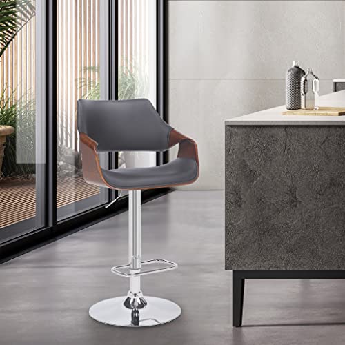 HomeRoots Gray Wood, Metal, Foam Faux Leather Grey Faux Leather and Walnut Wood and Chrome Swivel Adjustable Bar Stool