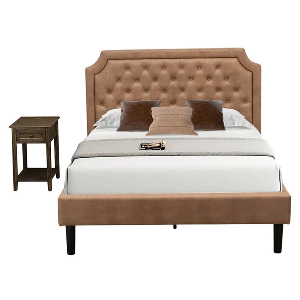 East West Furniture GB28F-1DE07 2-Pc Granbury Bedroom Set with Button Tufted Bed Frame and a Distressed Jacobean Night Stand for Bedrooms - Brown faux Leather with Brown Texture and Black Legs