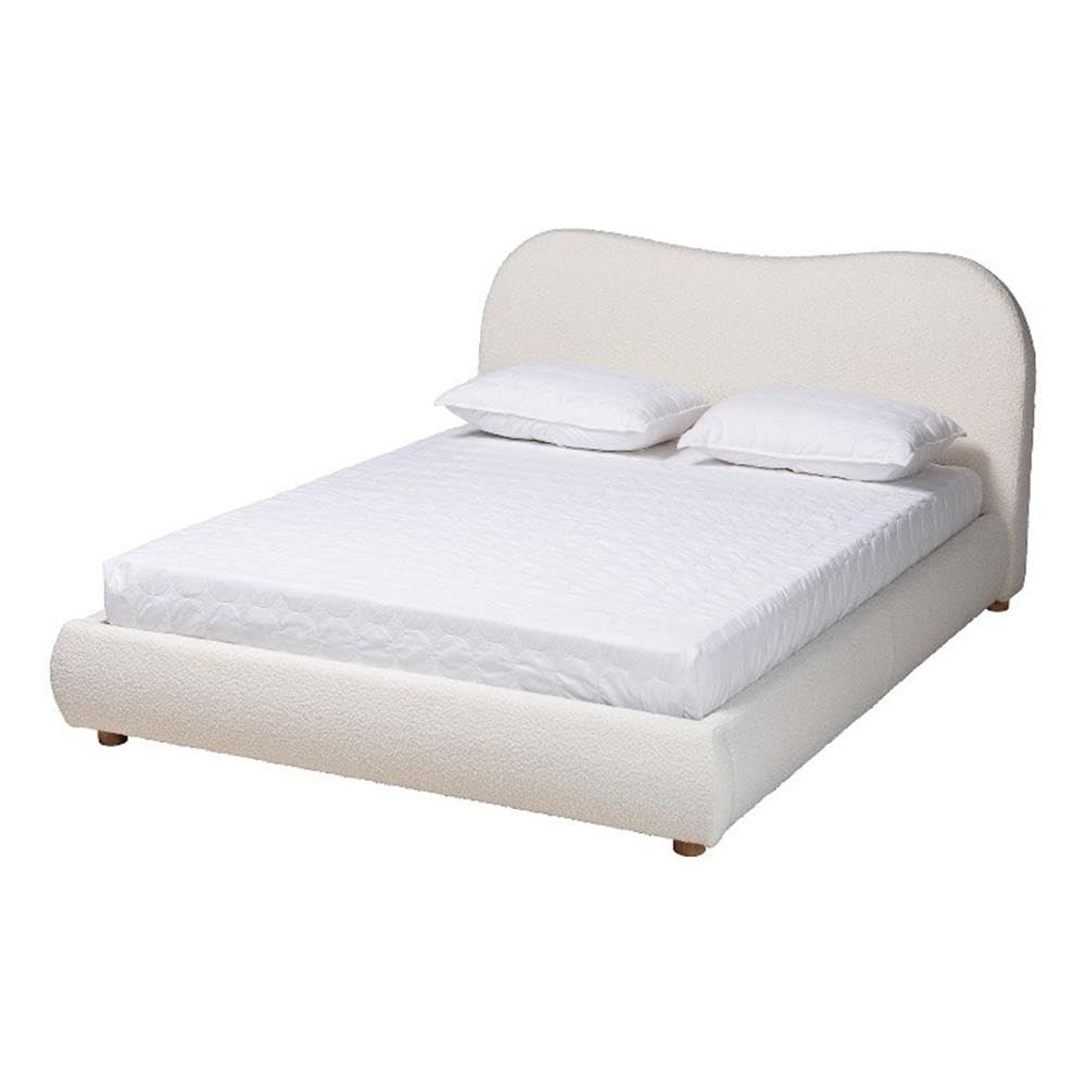 Baxton Studio Maya Mid-Century Modern Cream Boucle Fabric And Oak Brown Finished Wood Queen Size Platform Bed