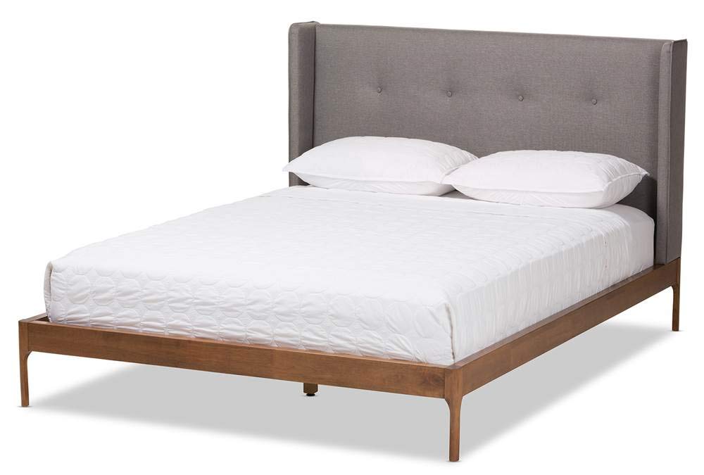 Baxton Studio Brooklyn Mid-Century Modern Walnut Wood Grey Fabric Queen Size Platform Bed Grey//Mid-Century/Fabric Polyester 100%&quot;/MDF/LVL/Rubber Wood/Foam