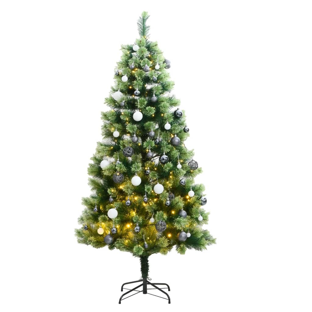 vidaXL Artificial Green PVC Hinged Christmas Tree with LED String Light, Decorative Balls, Sturdy Metal Stand – Holiday Spirit in Every Home