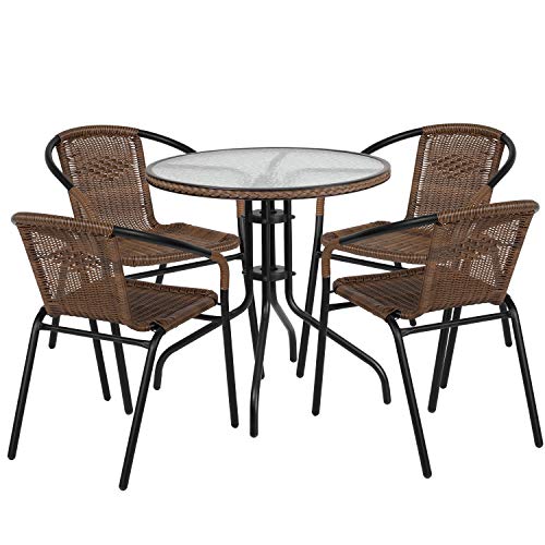 Flash Furniture Lila 28'' Round Glass Metal Table With Dark Brown Rattan Edging And 4 Dark Brown Rattan Stack Chairs