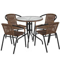 Flash Furniture Lila 28'' Round Glass Metal Table With Dark Brown Rattan Edging And 4 Dark Brown Rattan Stack Chairs