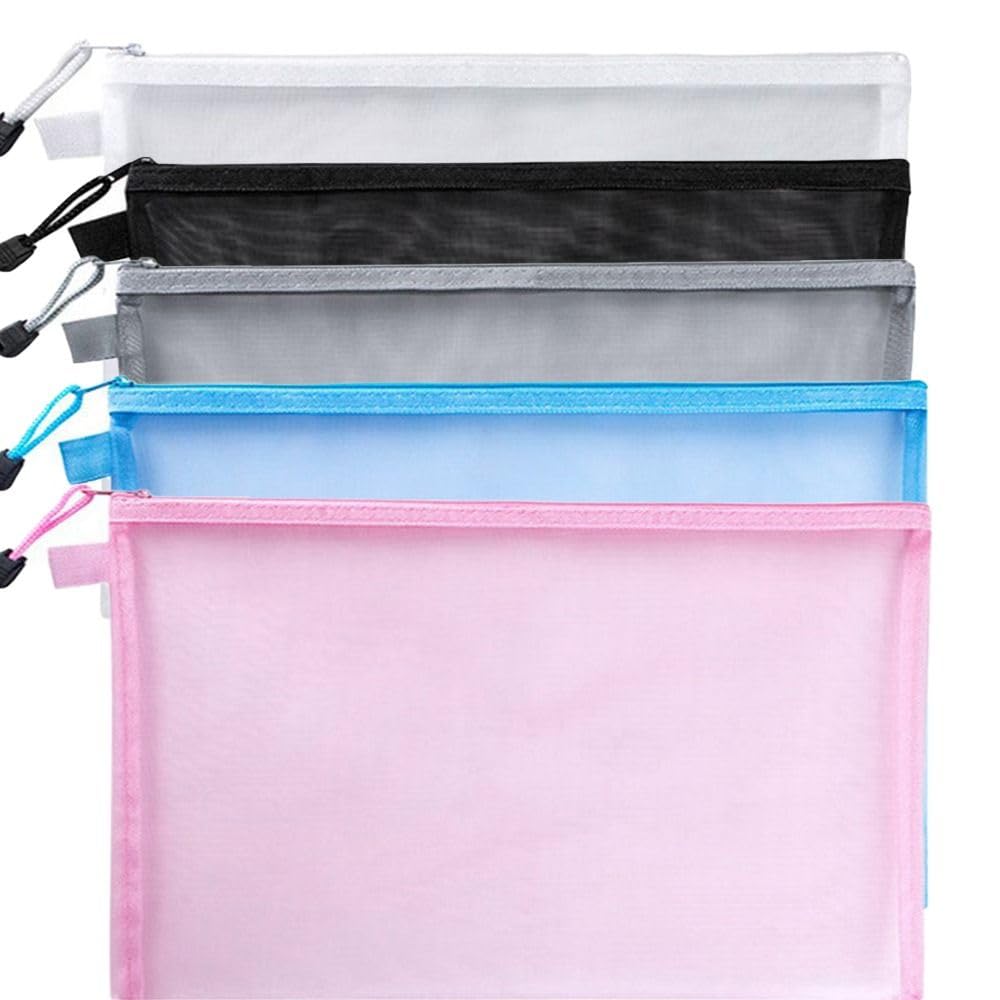 5Pcs Mesh Zipper Pouch Bags, A4 Size Document Bag Clear Travel Zipper Bags, Zippered Mesh Zipper Pouches For Travel And Office S